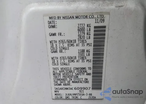 2010 Nissan Pathfinder Le from USA, damaged, VIN 5N1AR1NN3AC609907